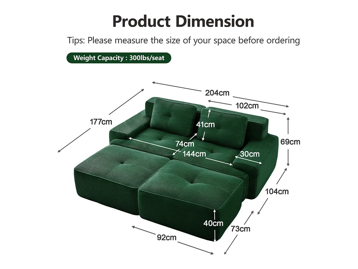 Sofá de Esquina Modular en Pana, con 2 otomanas y 2 cojines, 204x177x69cm, Verde