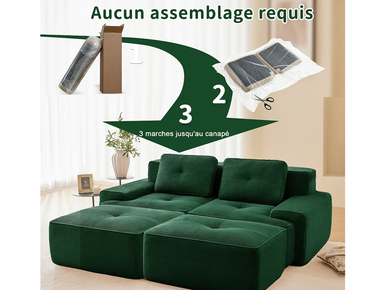 Sofá de Esquina Modular en Pana, con 2 otomanas y 2 cojines, 204x177x69cm, Verde