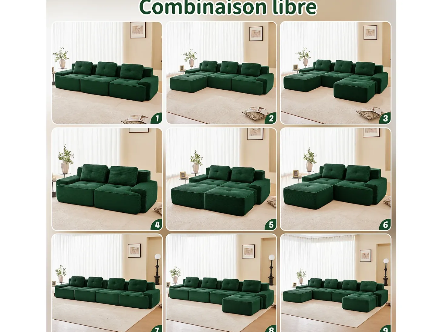 Sofá de Esquina Modular en Pana, con 2 otomanas y 2 cojines, 204x177x69cm, Verde