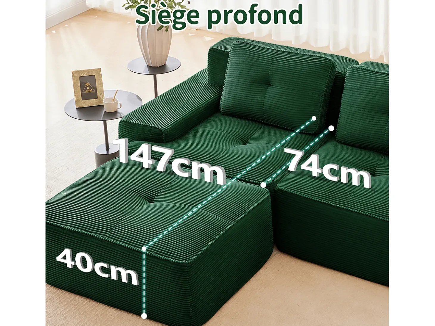 Sofá de Esquina Modular en Pana, con 2 otomanas y 2 cojines, 204x177x69cm, Verde