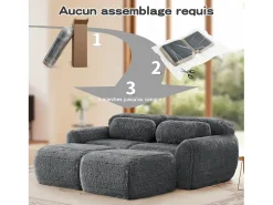 Sofá de Esquina Modular en tela peluche, con 2 poufs y 2 cojines, 204x179x73cm, Gris