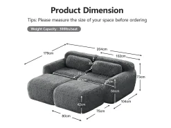 Sofá de Esquina Modular en tela peluche, con 2 poufs y 2 cojines, 204x179x73cm, Gris