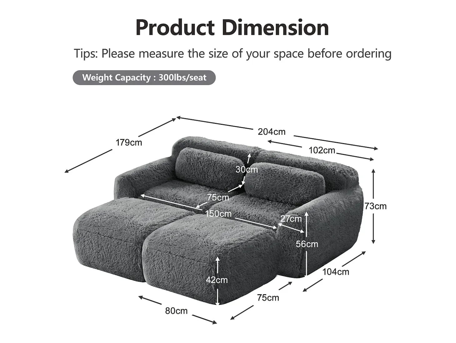 Sofá de Esquina Modular en tela peluche, con 2 poufs y 2 cojines, 204x179x73cm, Gris