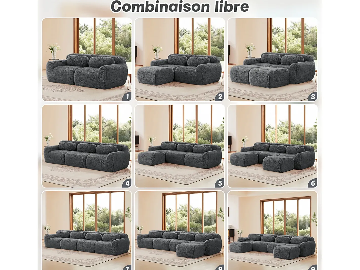Sofá de Esquina Modular en tela peluche, con 2 poufs y 2 cojines, 204x179x73cm, Gris