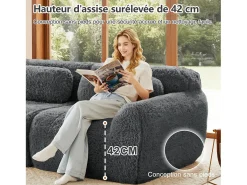 Sofá de Esquina Modular en tela peluche, con 2 poufs y 2 cojines, 204x179x73cm, Gris