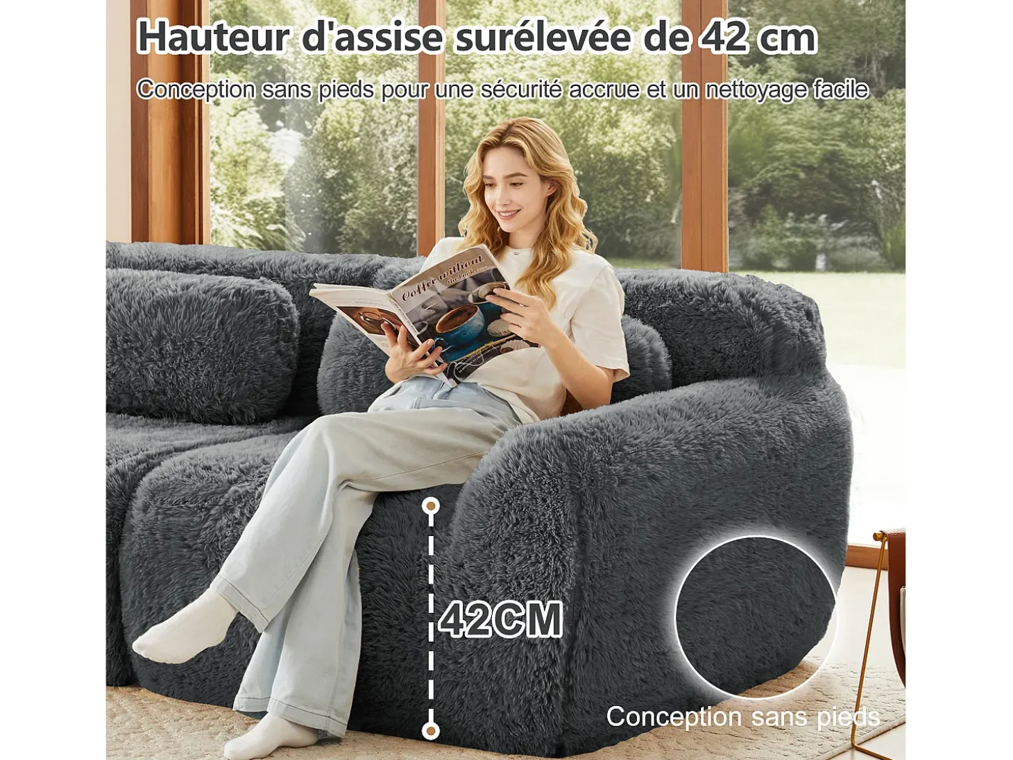Sofá de Esquina Modular en tela peluche, con 2 poufs y 2 cojines, 204x179x73cm, Gris