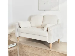 Sofá de tejido borreguito con patas de madera, 2 plazas crema
