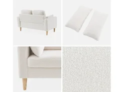 Sofá de tejido borreguito con patas de madera, 2 plazas crema