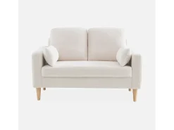 Sofá de tejido borreguito con patas de madera, 2 plazas crema