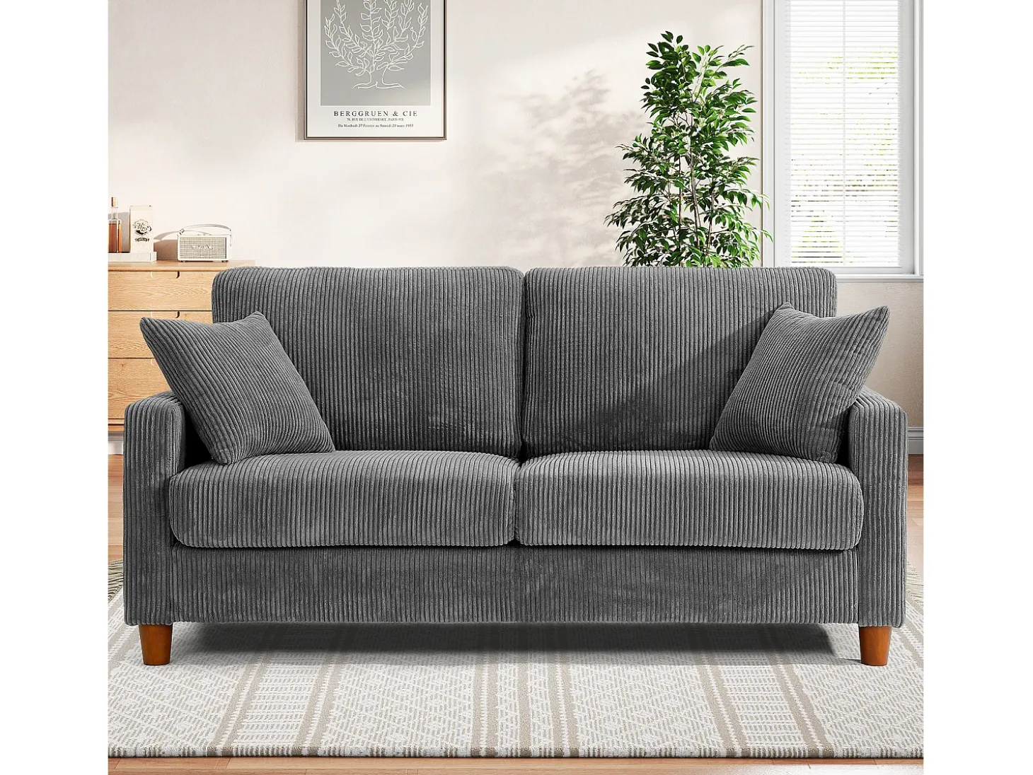 Sofá de terciopelo acanalado de 2 a 2 años, sofá derecha acolchado moderno grande con asientos adicionales de 56 cm - 2 cojines - 178x76x89cm - gris