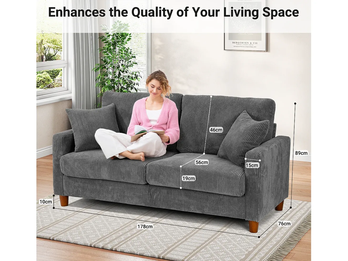 Sofá de terciopelo acanalado de 2 a 2 años, sofá derecha acolchado moderno grande con asientos adicionales de 56 cm - 2 cojines - 178x76x89cm - gris