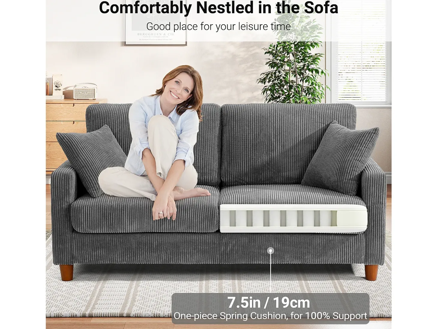 Sofá de terciopelo acanalado de 2 a 2 años, sofá derecha acolchado moderno grande con asientos adicionales de 56 cm - 2 cojines - 178x76x89cm - gris