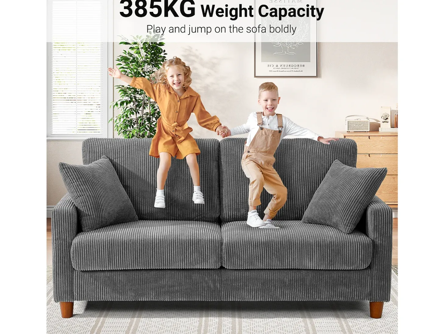 Sofá de terciopelo acanalado de 2 a 2 años, sofá derecha acolchado moderno grande con asientos adicionales de 56 cm - 2 cojines - 178x76x89cm - gris