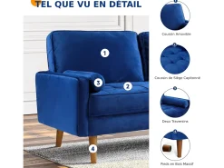 Sofá de terciopelo azul de 2 asientos, sofá mini dormitorio con reposabrazos, pies de madera cónicos, sofá fijado un respaldo bajo