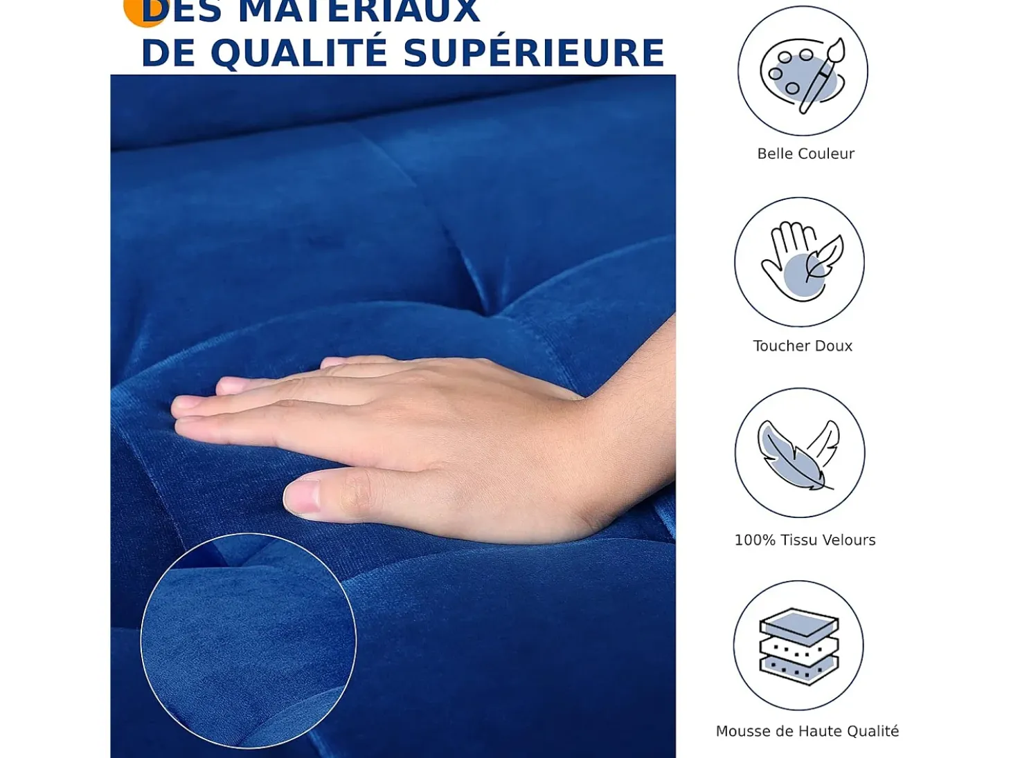 Sofá de terciopelo azul de 2 asientos, sofá mini dormitorio con reposabrazos, pies de madera cónicos, sofá fijado un respaldo bajo