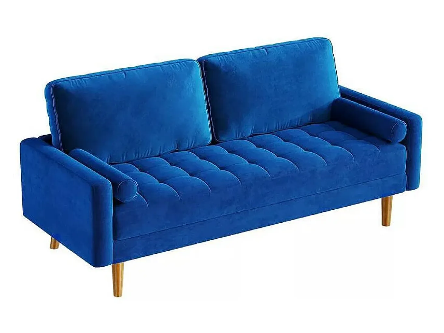 Sofá de terciopelo azul de 2 asientos, sofá mini dormitorio con reposabrazos, pies de madera cónicos, sofá fijado un respaldo bajo