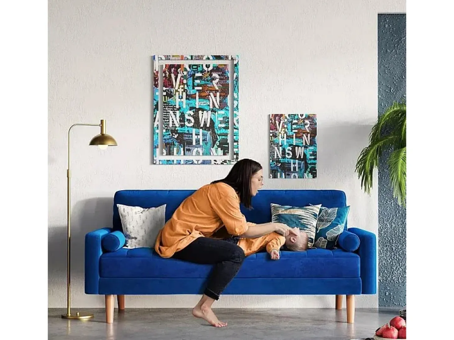 Sofá de terciopelo azul de 2 asientos, sofá mini dormitorio con reposabrazos, pies de madera cónicos, sofá fijado un respaldo bajo