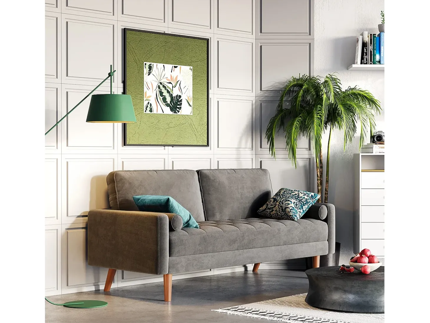 Sofá de terciopelo gris de 2 salones modernos, reposabrazos acolchados, madera maciza, madera blanda, 143x77x86cm