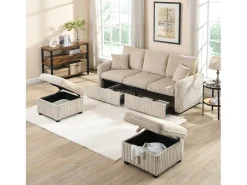 Sofá esquinero beige - Sofá de 3 plazas con 2 cajones y 2 taburetes de almacenaje - extraíble