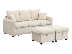 Sofá esquinero beige - Sofá de 3 plazas con 2 cajones y 2 taburetes de almacenaje - extraíble