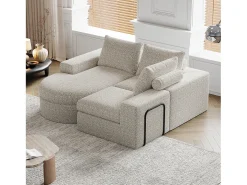 Sofá esquinero beige - Sofá de 3 plazas con 3 cojines y 2 reposacabezas - chenilla