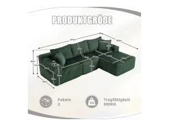 Sofá esquinero con portavasos - Sofá de 3 plazas con cinco cojines y bolsillos laterales - pana verde