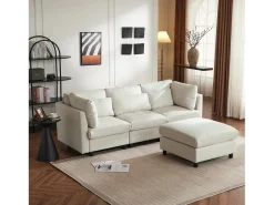 Sofá esquinero contemporáneo de 3-4 plazas con cojines y otomana, en lino beige, para salón o apartamento