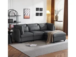Sofá esquinero contemporáneo de 3-4 plazas con cojines y otomana, en lino gris, para salón o apartamento