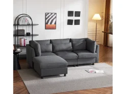 Sofá esquinero contemporáneo de 3-4 plazas con cojines y otomana, en lino gris, para salón o apartamento