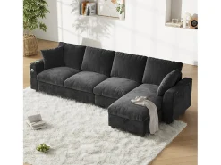 Sofá esquinero de 4 plazas con 2 reposabrazos y espacio de almacenamiento + mesa de centro plegable con 2 portavasos + puerto USB - tapizado en chenilla - gris