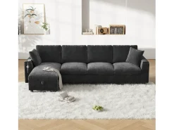 Sofá esquinero de 4 plazas con 2 reposabrazos y espacio de almacenamiento + mesa de centro plegable con 2 portavasos + puerto USB - tapizado en chenilla - gris