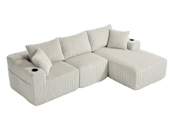 Sofá esquinero de 3 plazas con chaise longue y 5 cojines - Tejido pana - Beige