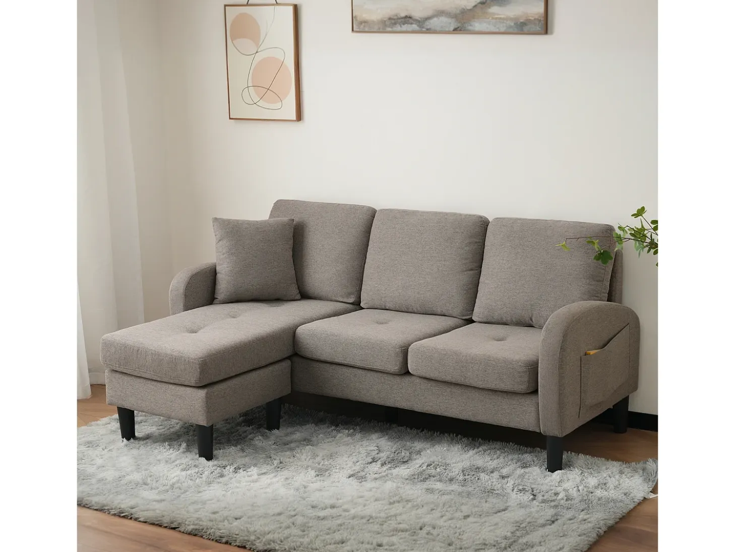 Sofá esquinero de 3 plazas con chaise longue - 185 x 118 x 82 cm - tejido transpirable de algodón y lino - Gris oscuro antiguo