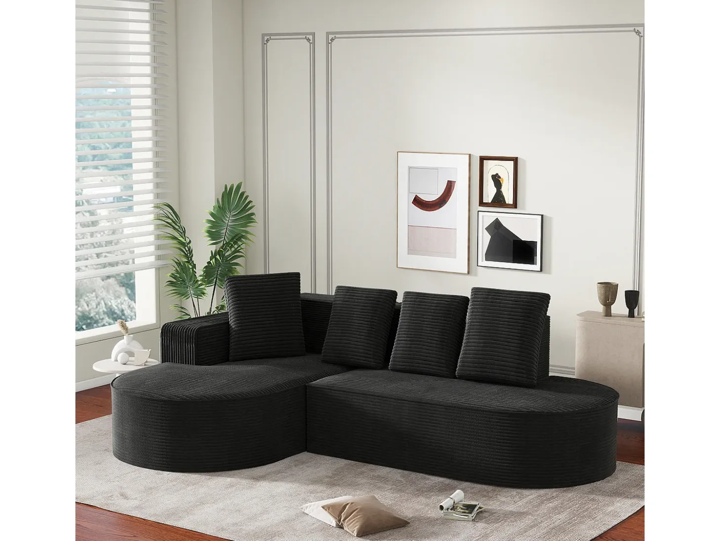 Sofá esquinero de 3 plazas con 4 cojines - Chaise longue en L - Pana negra - No requiere montaje