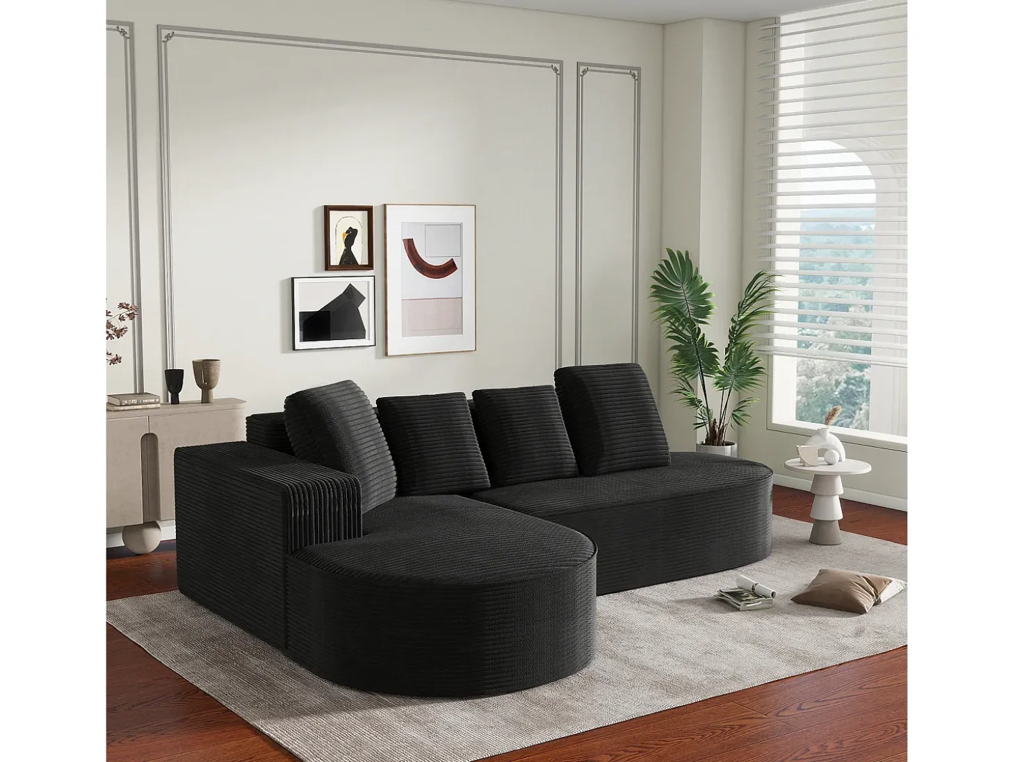 Sofá esquinero de 3 plazas con 4 cojines - Chaise longue en L - Pana negra - No requiere montaje
