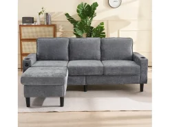 Sofá esquinero derecho - Sofá con 2 portavasos y cargador USB - lino gris