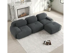 Sofá esquinero gris - Sofá de 3 plazas con reposabrazos curvos y cojines decorativos - pana