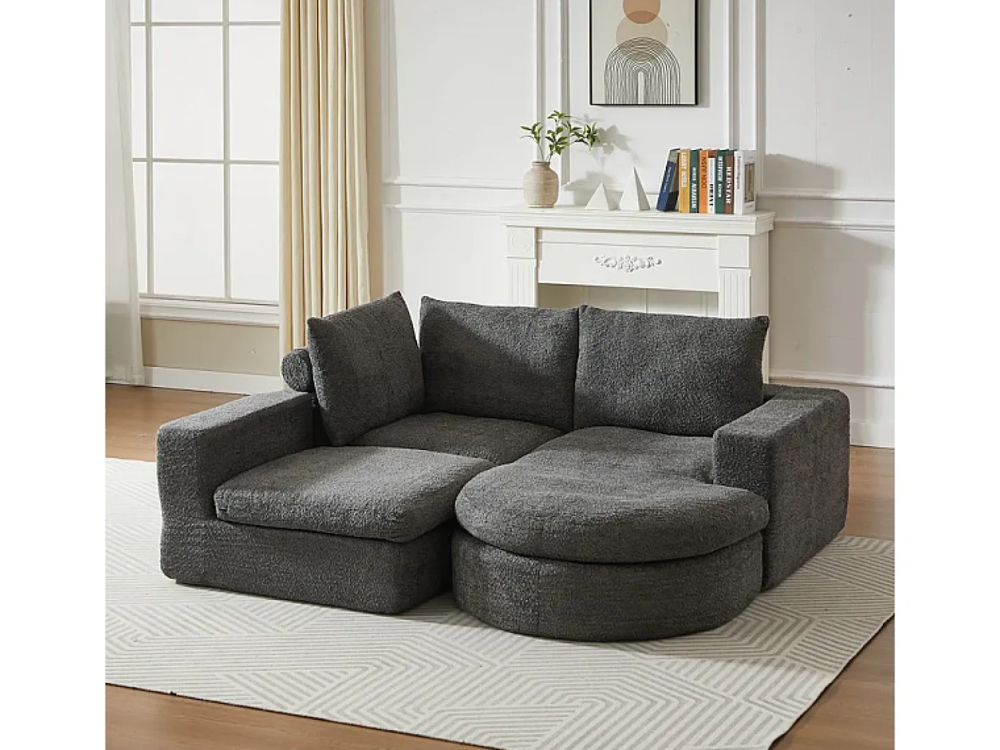 Sofá Esquinero Modular 3 Plazas, con Chaise Longue Curva Reversible, 3 Cojines y Almohadas Cervicales, Tejido Chenilla, Gris