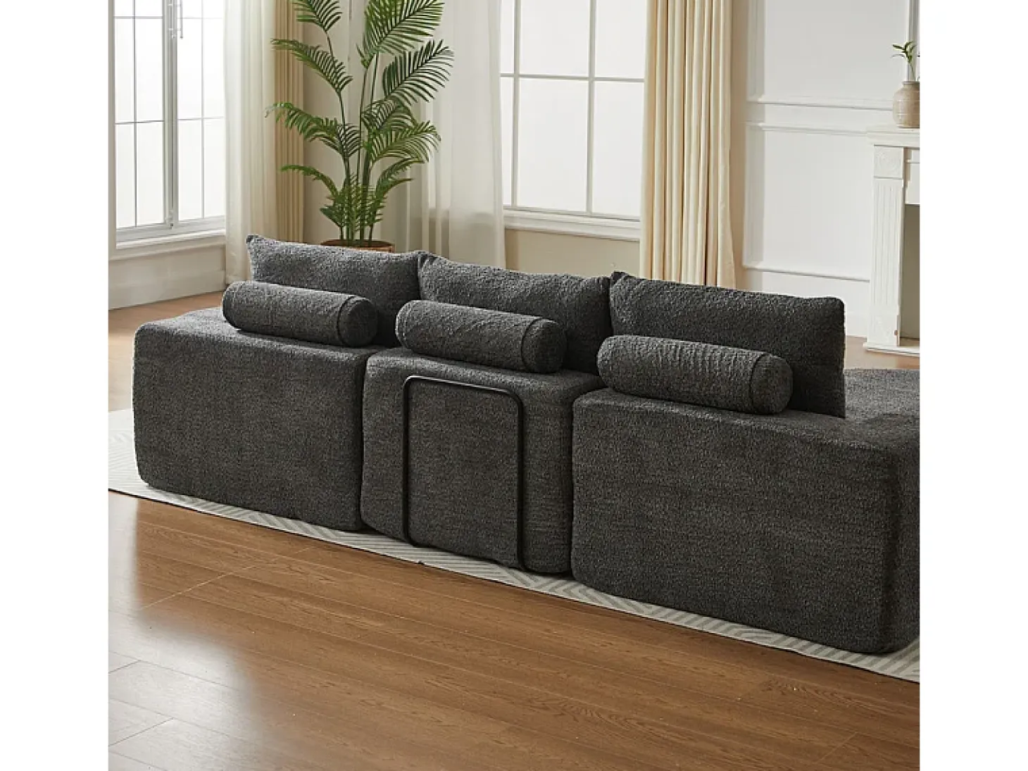 Sofá Esquinero Modular 3 Plazas, con Chaise Longue Curva Reversible, 3 Cojines y Almohadas Cervicales, Tejido Chenilla, Gris