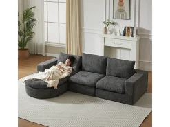 Sofá Esquinero Modular 3 Plazas, con Chaise Longue Curva Reversible, 3 Cojines y Almohadas Cervicales, Tejido Chenilla, Gris