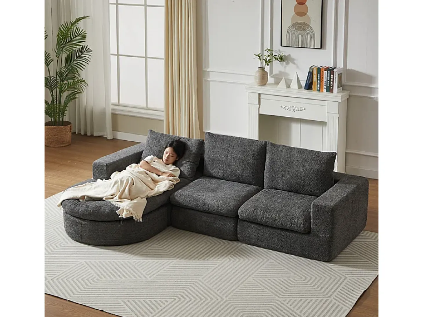 Sofá Esquinero Modular 3 Plazas, con Chaise Longue Curva Reversible, 3 Cojines y Almohadas Cervicales, Tejido Chenilla, Gris