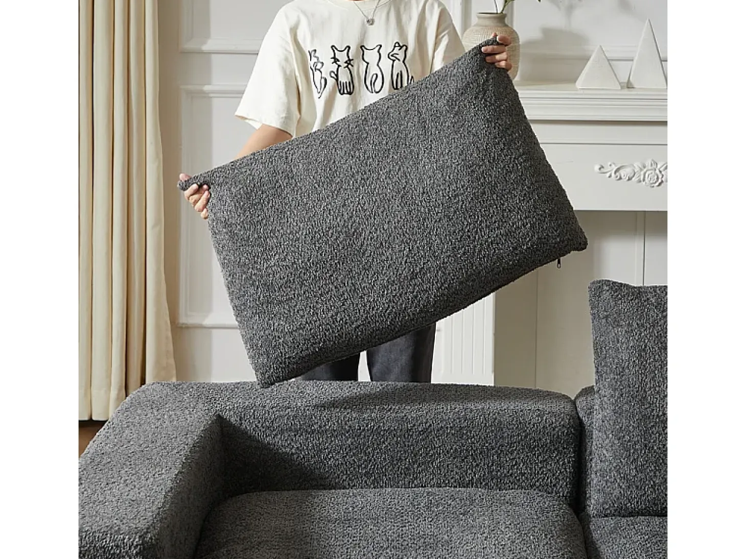 Sofá Esquinero Modular 3 Plazas, con Chaise Longue Curva Reversible, 3 Cojines y Almohadas Cervicales, Tejido Chenilla, Gris