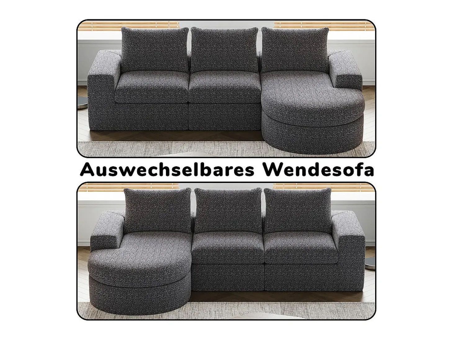 Sofá Esquinero Modular 3 Plazas, con Chaise Longue Curva Reversible, 3 Cojines y Almohadas Cervicales, Tejido Chenilla, Gris