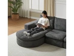 Sofá Esquinero Modular 3 Plazas, con Chaise Longue Curva Reversible, 3 Cojines y Almohadas Cervicales, Tejido Chenilla, Gris