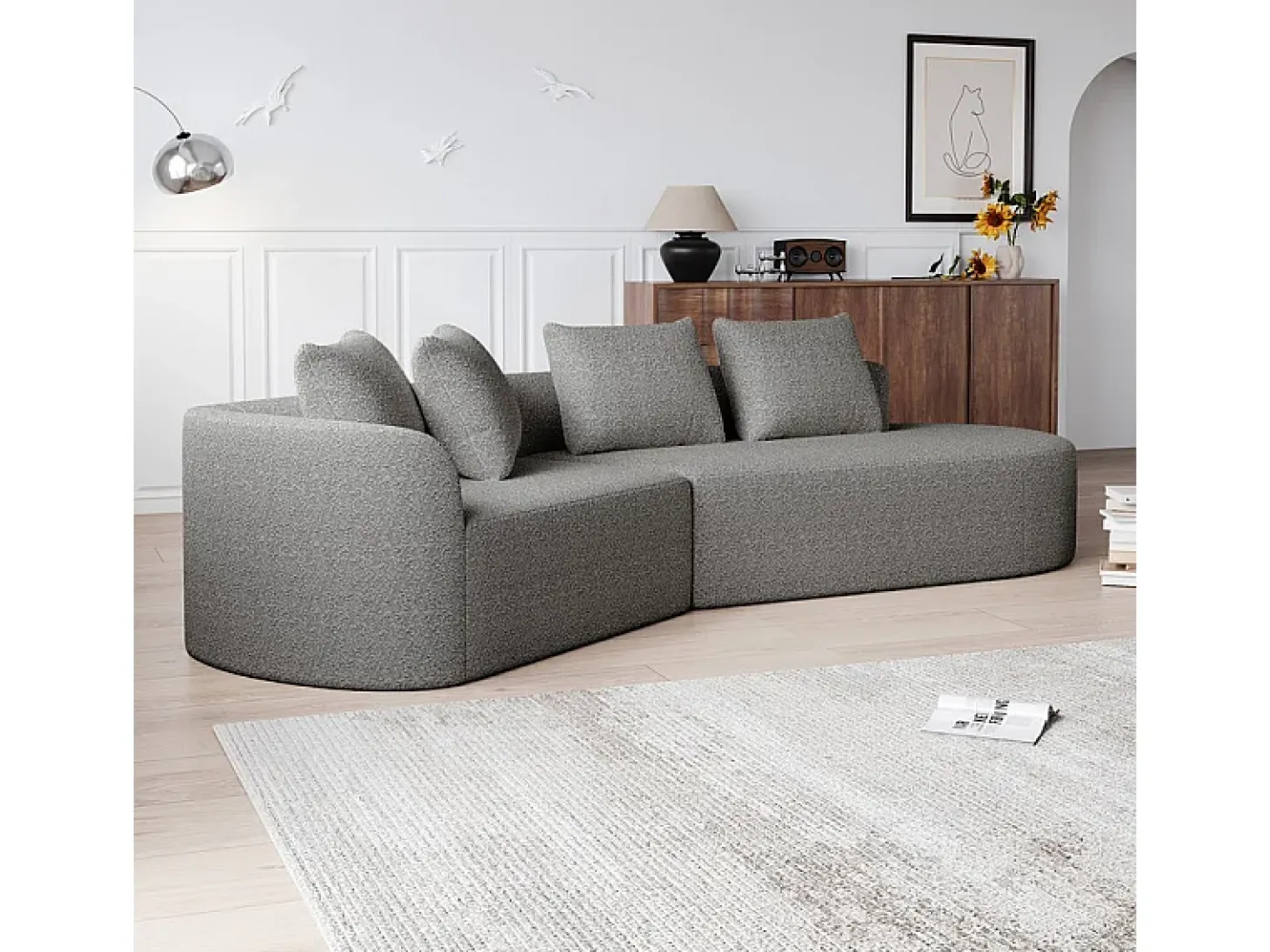 Sofá Esquinero Recto Moderno Súper Grande 4 Plazas, con 4 Cojines, Chaise Longue Curva, Tejido Chenilla, Gris Claro