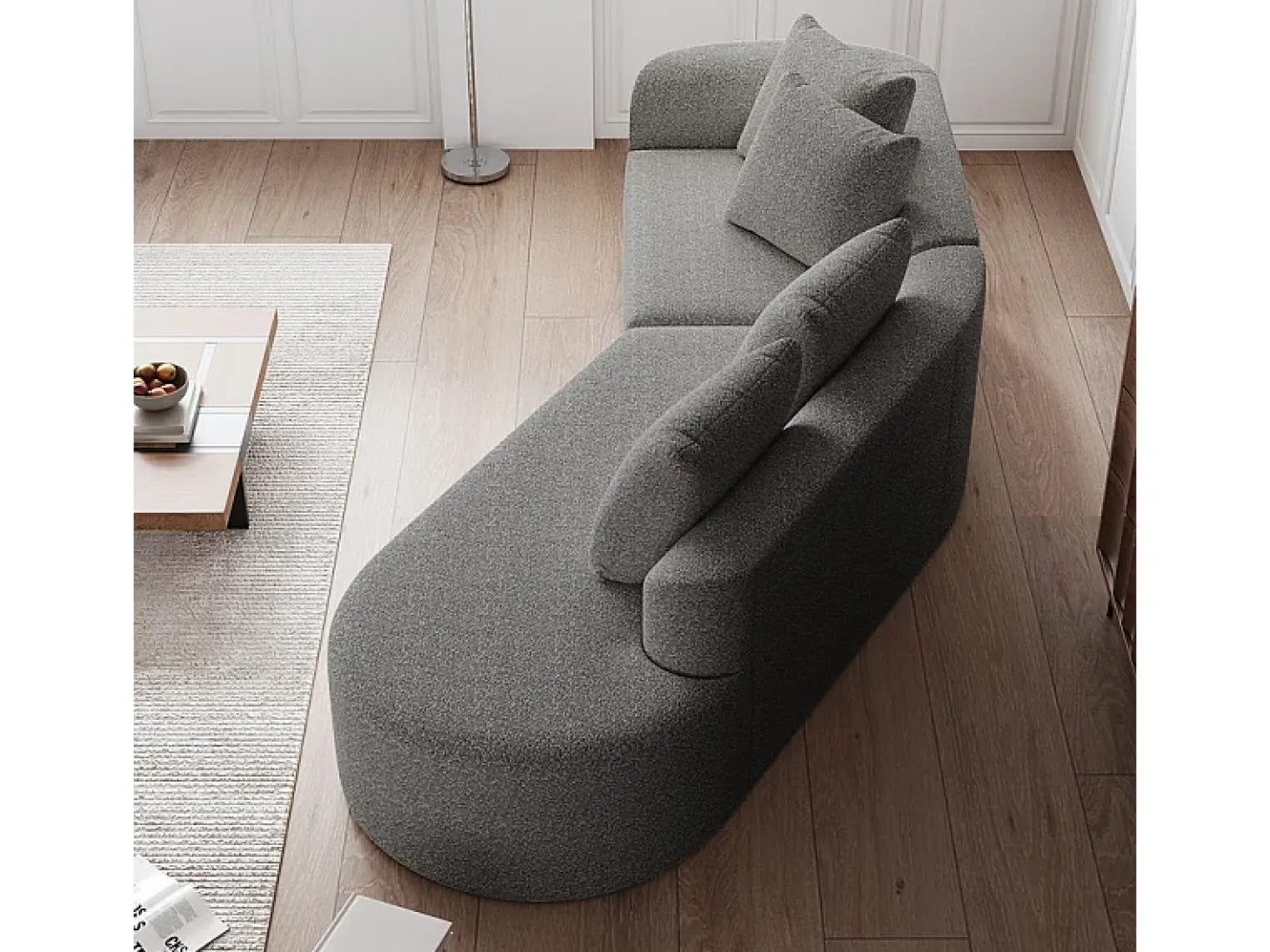 Sofá Esquinero Recto Moderno Súper Grande 4 Plazas, con 4 Cojines, Chaise Longue Curva, Tejido Chenilla, Gris Claro