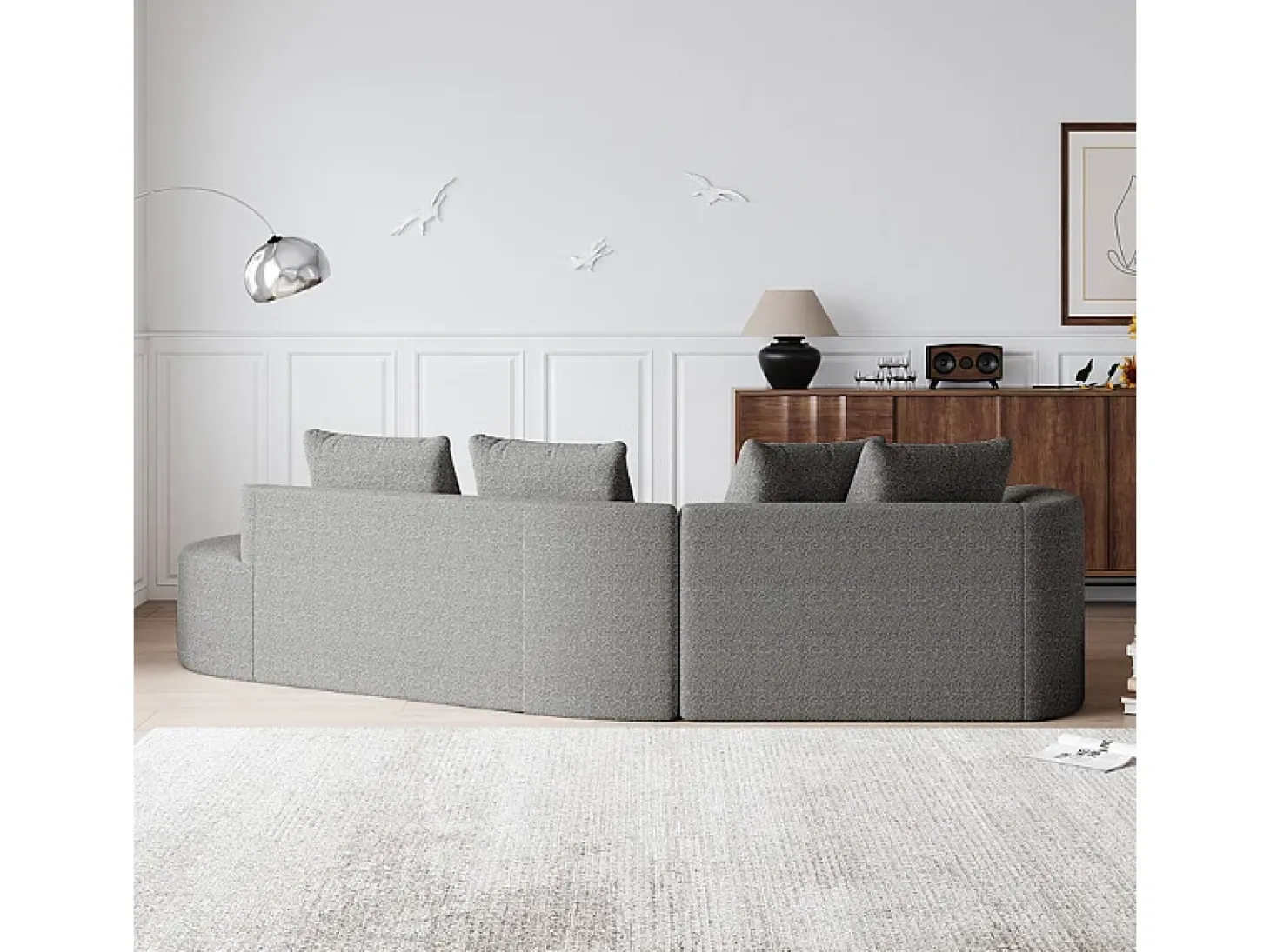 Sofá Esquinero Recto Moderno Súper Grande 4 Plazas, con 4 Cojines, Chaise Longue Curva, Tejido Chenilla, Gris Claro