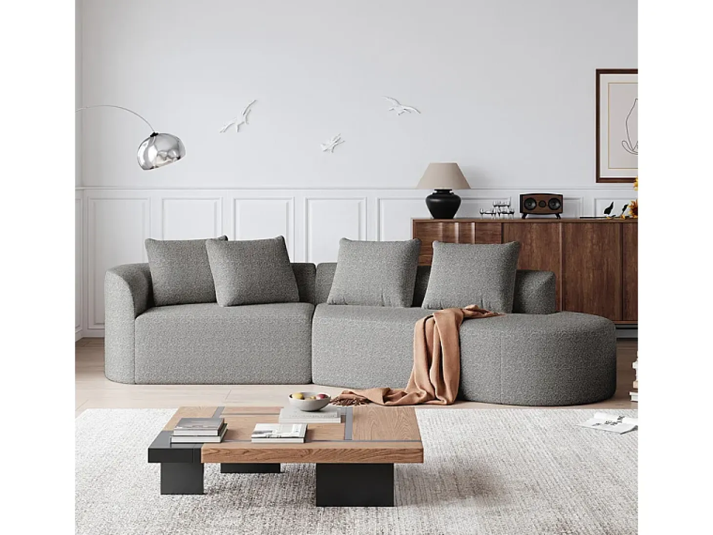 Sofá Esquinero Recto Moderno Súper Grande 4 Plazas, con 4 Cojines, Chaise Longue Curva, Tejido Chenilla, Gris Claro