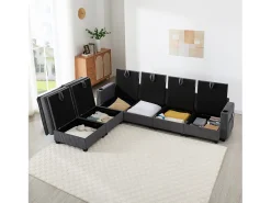 Sofá moderno - 4 plazas - Reposapiés extraíble - Puertos USB - Compartimentos de almacenamiento + Portavasos - ​​Gris​