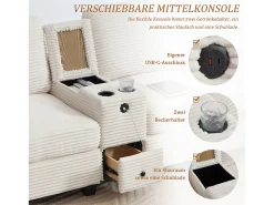 Sofá moderno de 3 plazas - 266 x 136 x 82 cm - con 2 portavasos + puerto USB-C + cajón + otomana extraíble con almacenaje - terciopelo - beige